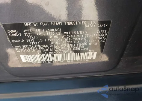 2017 Subaru Outback 2.5I Premium from USA, damaged, VIN 4S4BSACC4H3358853